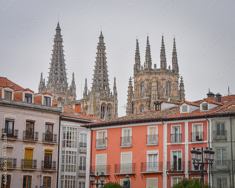 Burgos, Spain - 16 Oct 2021: Colourful buildings in the Plaza Mayor of Burgos, Castile and Leon, Spain