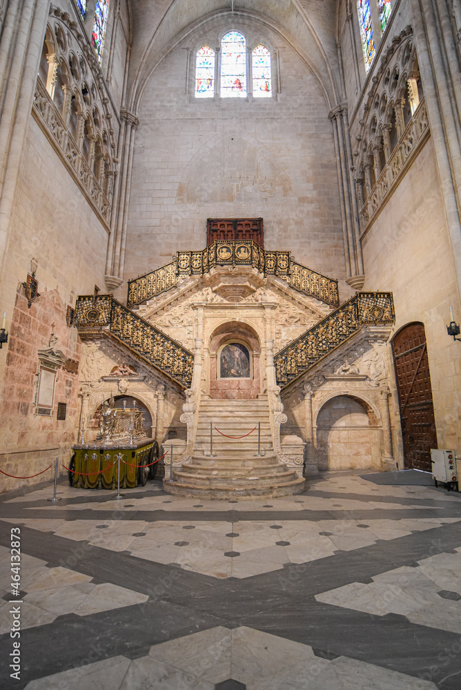 Burgos, Spain - 16 Oct, 2021: The Golden Staircase in Burgos Cathedral in the city of Burgos, Northern Spain