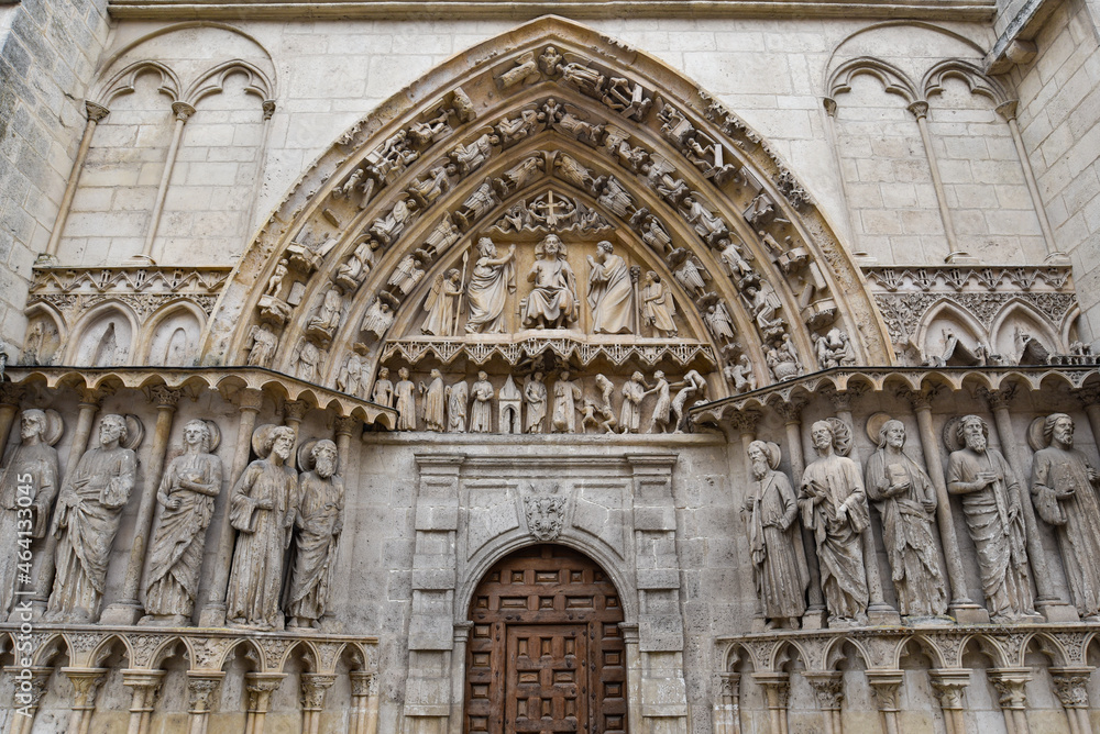 Burgos, Spain - 16 Oct, 2021: Elaborate stone carvings at the entrance to Santa Maria Cathedral, Burgos Burgos, Spain - 16 Oct, 2021: Elaborate stone carvings at the entrance to Santa Maria Cathedral, Burgos