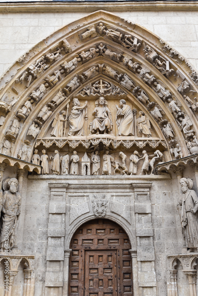 Burgos, Spain - 16 Oct, 2021: Elaborate stone carvings at the entrance to Santa Maria Cathedral, Burgos