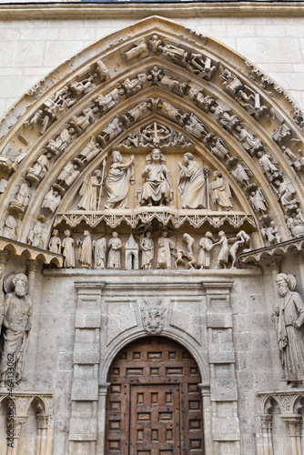 Burgos, Spain - 16 Oct, 2021: Elaborate stone carvings at the entrance to Santa Maria Cathedral, Burgos
