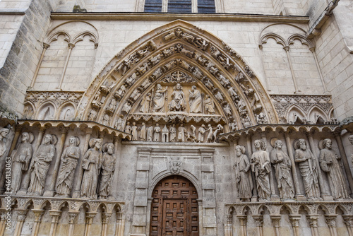 Burgos, Spain - 16 Oct, 2021: Elaborate stone carvings at the entrance to Santa Maria Cathedral, Burgos photo