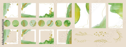 Watercolor background for social media posting. Web banner template, highlights, story highlight, frame layout with green and gold watercolor vector texture. Set of trendy designs with place for text