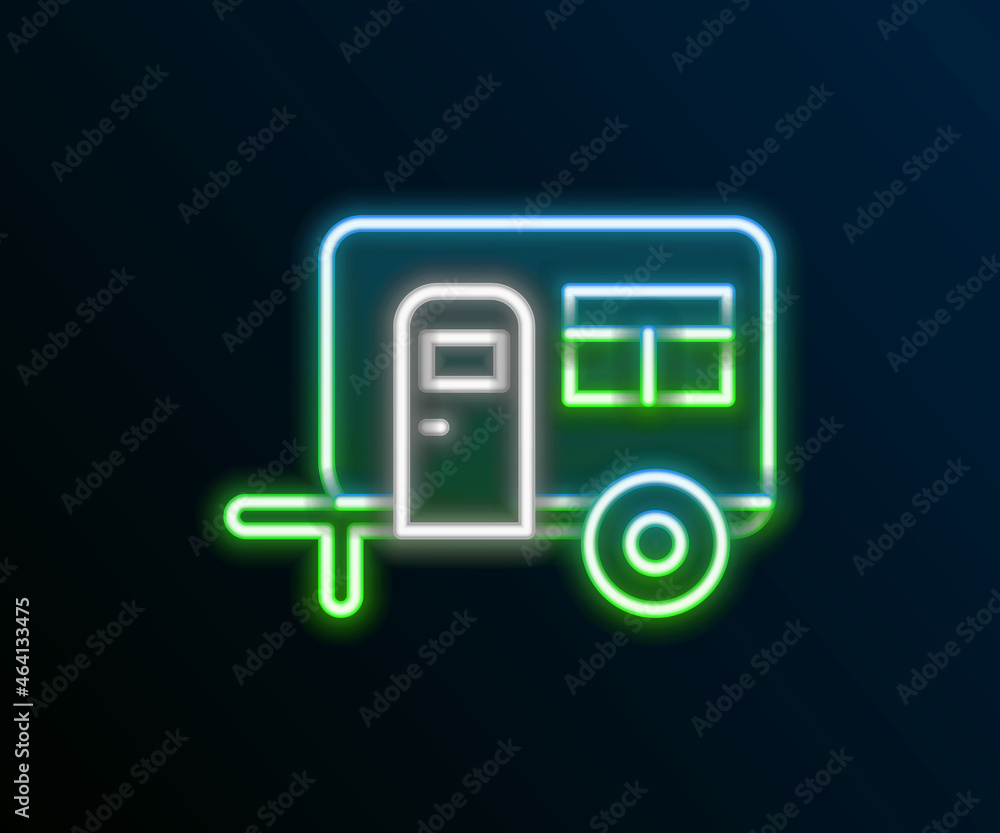 Glowing neon line Rv Camping trailer icon isolated on black background. Travel mobile home, caravan, home camper for travel. Colorful outline concept. Vector Glowing neon line Rv Camping trailer icon isolated on black background. Travel mobile home, caravan, home camper for travel. Colorful outline concept. Vector