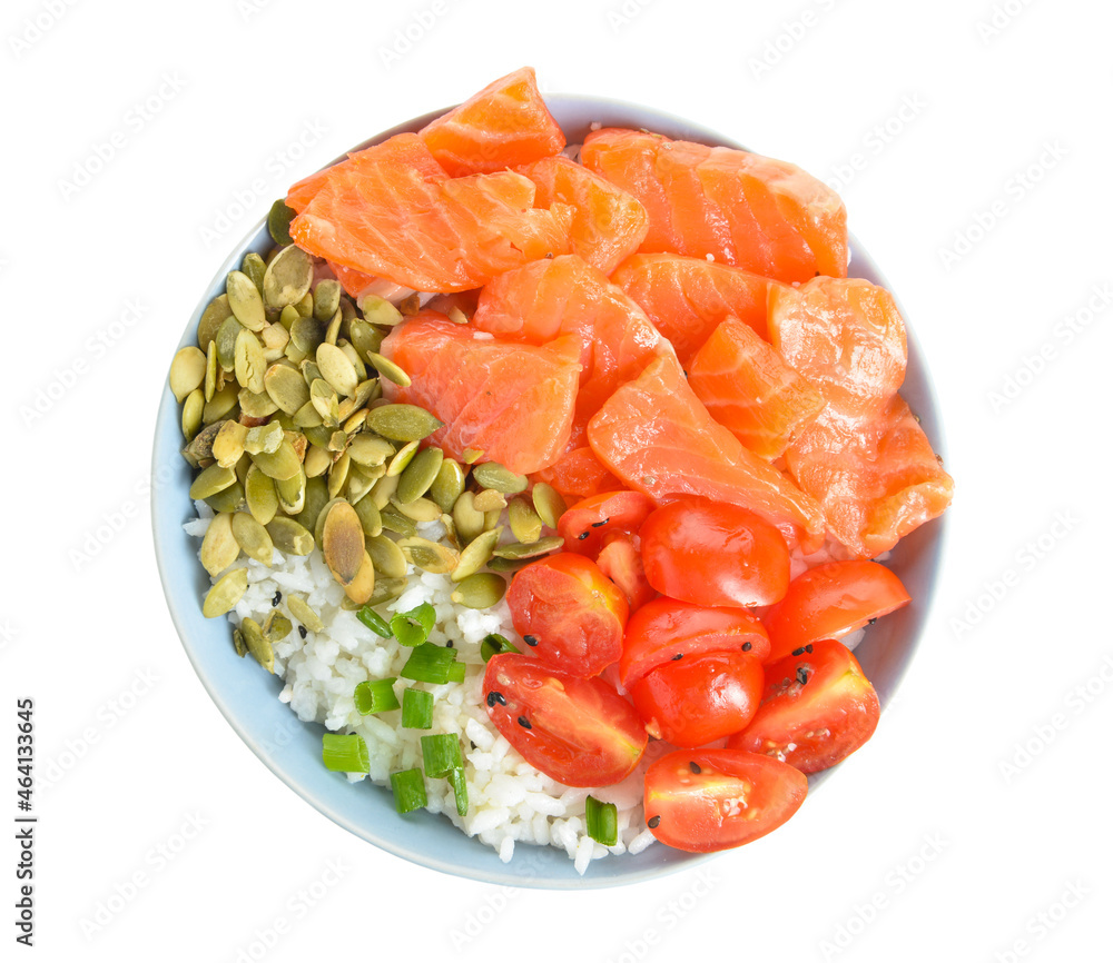 Bowl with tasty rice, salmon, tomato and pumpkin seeds on white background Bowl with tasty rice, salmon, tomato and pumpkin seeds on white background
