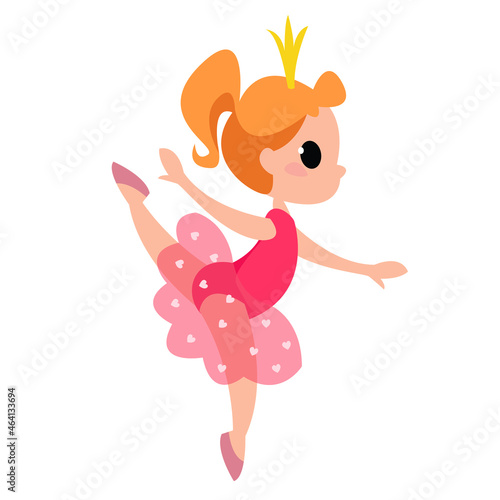 Princess cute ballerina dancing in a pink dress and crown. Vector in cartoon funny style.