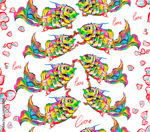 Seamless drawing of cute fish. Illustration with pencil, colored crayons. Colorful hatching. Fish. Caricature, cartoon. The underwater life of fish. valentine's day. Hearts. Packaging, wallpaper.