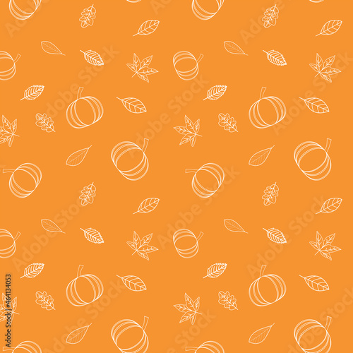 Thanksgiving seamless pattern with pumpkin, oak and maple leaves in line art style on orange background. Great for autumn posters, scrapbook , home décor and Thanksgiving greeting cards 