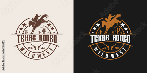 Vintage retro texas rodeo cowboy riding horse logo design template photo
