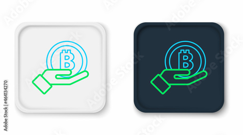 Line Hand holding Bitcoin icon isolated on white background. Blockchain technology, digital money market, cryptocoin wallet. Colorful outline concept. Vector