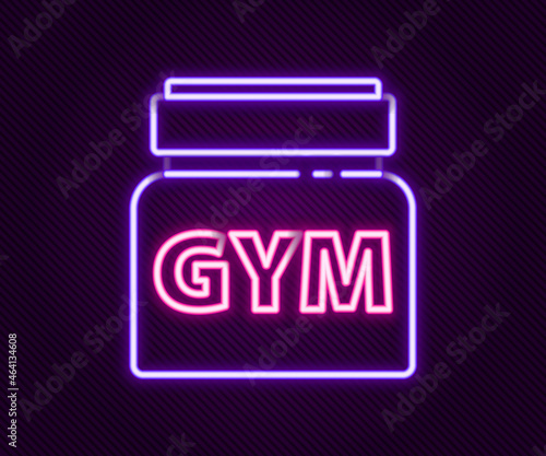 Glowing neon line Sports nutrition bodybuilding proteine power drink and food icon isolated on black background. Colorful outline concept. Vector