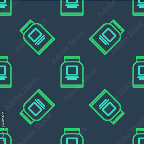 Line Sports nutrition bodybuilding proteine power drink and food icon isolated seamless pattern on blue background. Vector