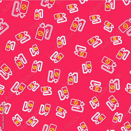 Line Pressure sprayer for extermination of insects icon isolated seamless pattern on red background. Pest control service. Disinfectant sprayer. Vector