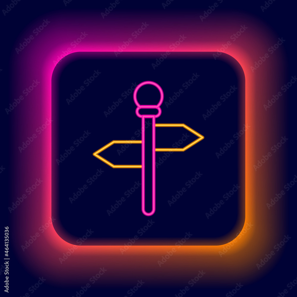 Glowing neon line Road traffic sign. Signpost icon isolated on black background. Pointer symbol. Street information sign. Direction sign. Colorful outline concept. Vector Glowing neon line Road traffic sign. Signpost icon isolated on black background. Pointer symbol. Street information sign. Direction sign. Colorful outline concept. Vector