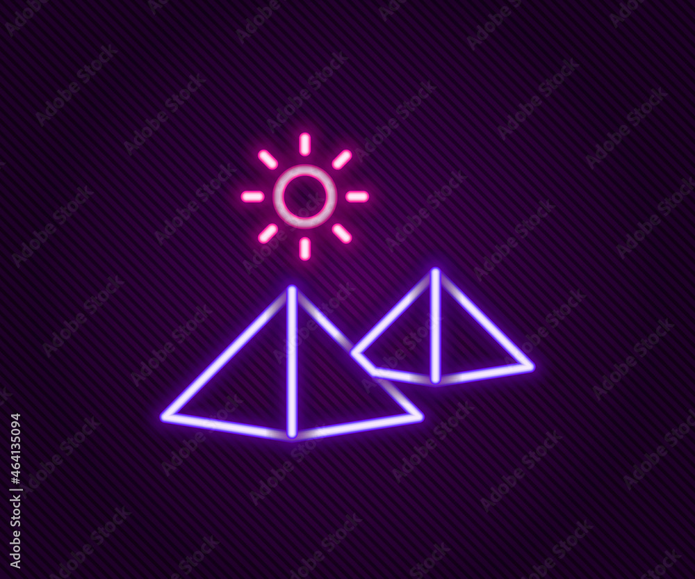 Glowing neon line Egypt pyramids icon isolated on black background. Symbol of ancient Egypt. Colorful outline concept. Vector Glowing neon line Egypt pyramids icon isolated on black background. Symbol of ancient Egypt. Colorful outline concept. Vector
