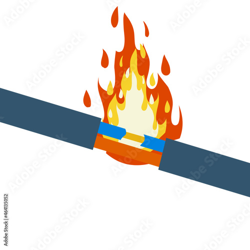 Blue damaged cable with red wire. short circuit. Cartoon flat illustration. Broken line. faulty electrical appliance. Safety rule. Orange flame and fire isolated on white