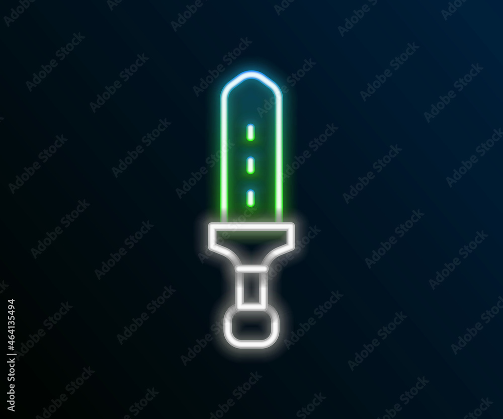 Glowing neon line Medieval sword icon isolated on black background. Medieval weapon. Colorful outline concept. Vector Glowing neon line Medieval sword icon isolated on black background. Medieval weapon. Colorful outline concept. Vector