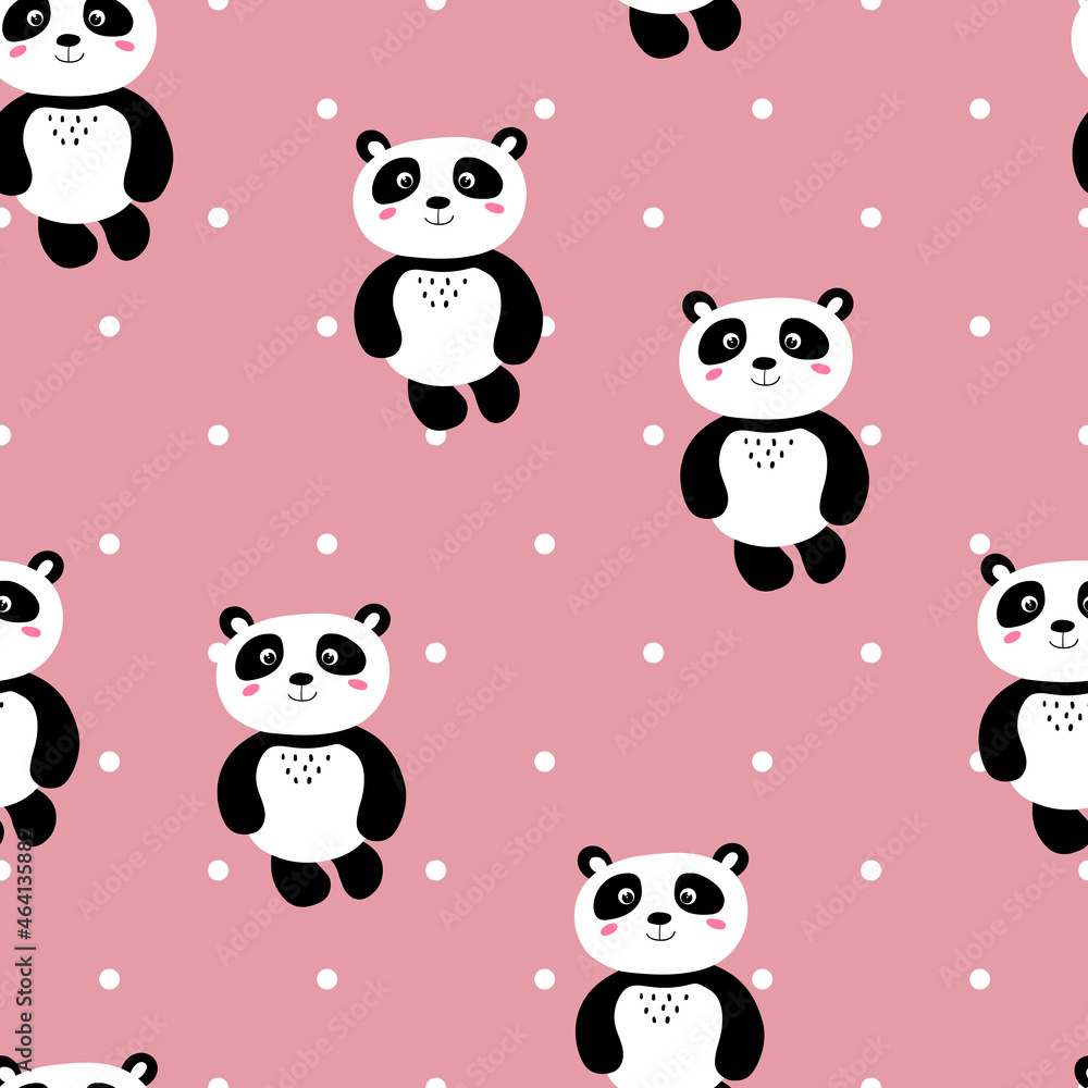 Seamless pattern with cute panda baby on color polka dots background. Funny asian animals. Card, postcards for kids. Flat vector illustration for fabric, textile, wallpaper