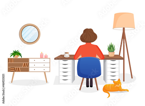 Woman freelancer, manager sits at a desk working at home at a computer. Back view of the girl. Remote work, office at home, programming. Cozy working interior with a cat. Vector illustration