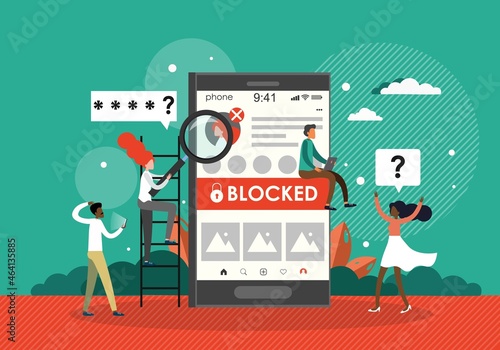 People are very surprised and feeling anxious about blocked user account, flat vector illustration.