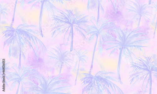 Subdued tropics on a soft pink pattern with watercolor painted coconut trees for textiles and surface design