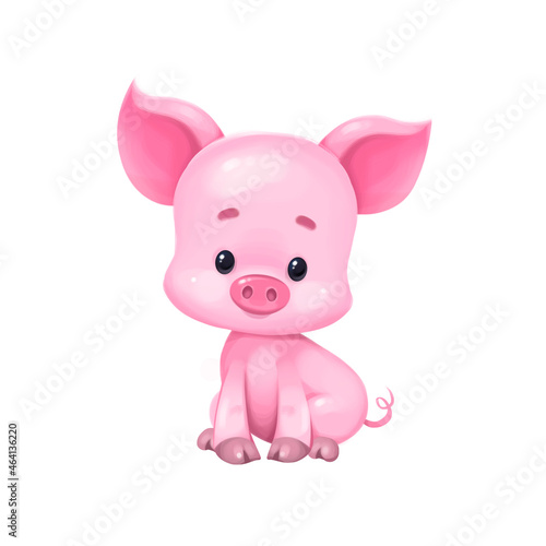 A pink cute cartoon pig is sitting. Illustration in the cartoon style. Isolated on white background © GreenPencil