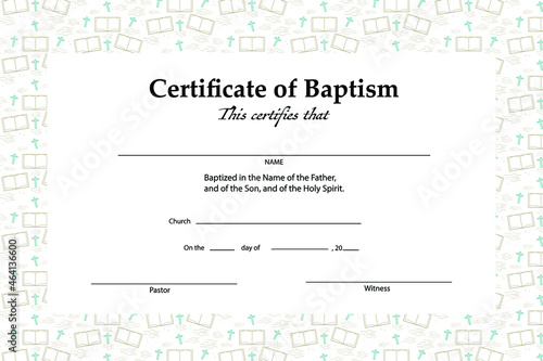 Certificate of baptism template, 
with Christian cross and open bible symbol pattern seamless.
