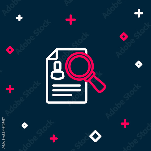 Line Document, paper analysis magnifying glass icon isolated on blue background. Evidence symbol. Colorful outline concept. Vector