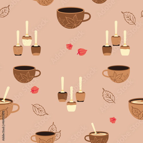 Vector Hot Chocolate and Chocolate Spoons seamless pattern on warm medium brown background. Perfect for fabric, scrapbooking, wallpaper projects