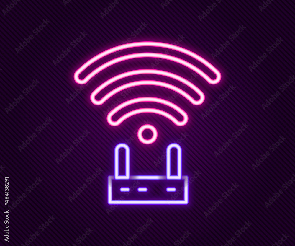 Glowing neon line Router and wi-fi signal icon isolated on black background. Wireless ethernet modem router. Computer technology internet. Colorful outline concept. Vector Glowing neon line Router and wi-fi signal icon isolated on black background. Wireless ethernet modem router. Computer technology internet. Colorful outline concept. Vector