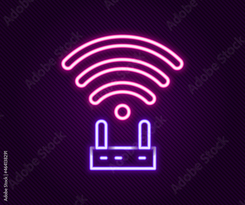 Glowing neon line Router and wi-fi signal icon isolated on black background. Wireless ethernet modem router. Computer technology internet. Colorful outline concept. Vector