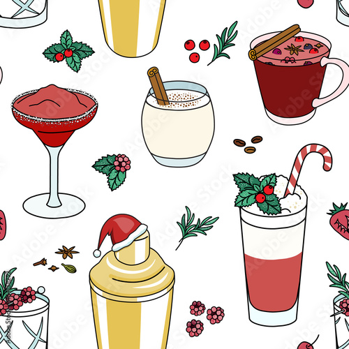 Seamless design pattern. Christmas New Year Winter Holiday design elements such as shaker, red and white cocktails, eggnog, berry, garnish. For party card, poster or invitation, wrapping or textile