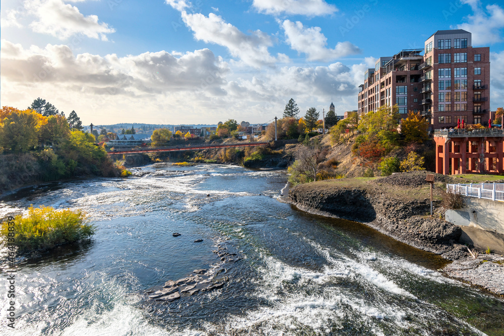 The Spokane River as it travels through the downtown area in Spokane, Washington, USA. The Spokane River as it travels through the downtown area in Spokane, Washington, USA.