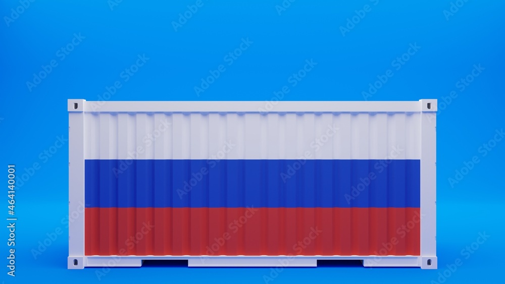 Side View Shipping Container on Blue Background with the National Flag of Russia Side View Shipping Container on Blue Background with the National Flag of Russia