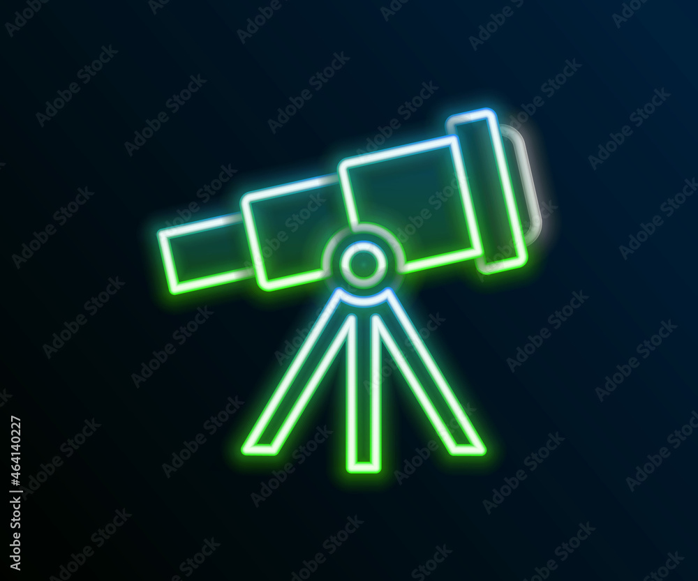 Glowing neon line Telescope icon isolated on black background. Scientific tool. Education and astronomy element, spyglass and study stars. Colorful outline concept. Vector Glowing neon line Telescope icon isolated on black background. Scientific tool. Education and astronomy element, spyglass and study stars. Colorful outline concept. Vector