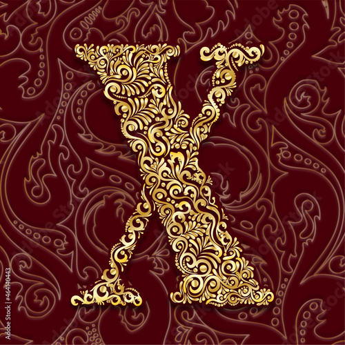 Golden Decorative Filigree Scroll-work Alphabet Capital Letter X On Burgundy and Gold Leaf Background