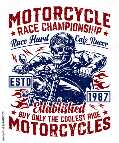Fully editable vector illustration (Editable AI) and EPS outline Motorcycle Race Championship T shirt. an image suitable for t-shirt graphic, poster or print design, the package is 4500x5400px