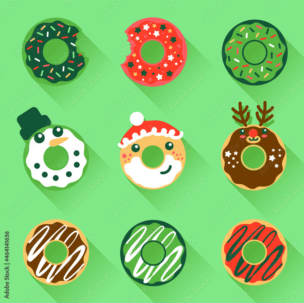 Christmas donuts character icons with, Santa, snowman and reindeer icing design. Christmas donuts character icons with, Santa, snowman and reindeer icing design.