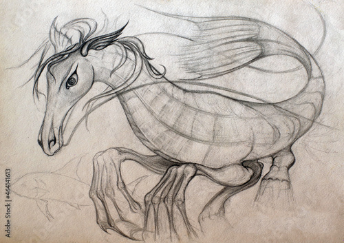 A pencil sketch of fantasy creature hyppocampus, pen on paper