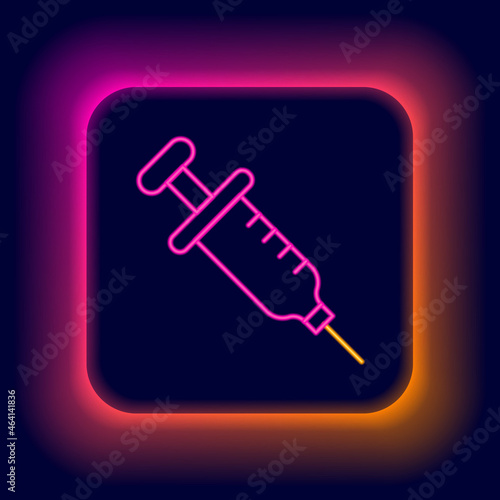 Glowing neon line Syringe icon isolated on black background. Syringe for vaccine, vaccination, injection, flu shot. Medical equipment. Colorful outline concept. Vector