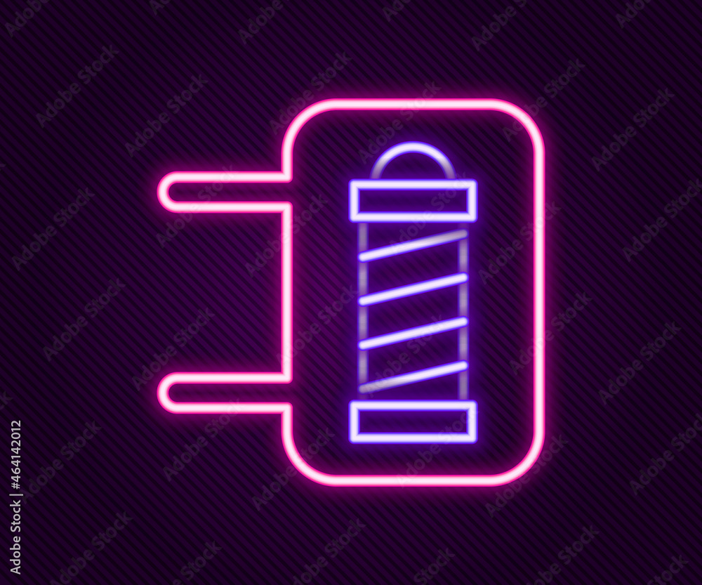 Glowing neon line Classic Barber shop pole icon isolated on black background. Barbershop pole symbol. Colorful outline concept. Vector Glowing neon line Classic Barber shop pole icon isolated on black background. Barbershop pole symbol. Colorful outline concept. Vector