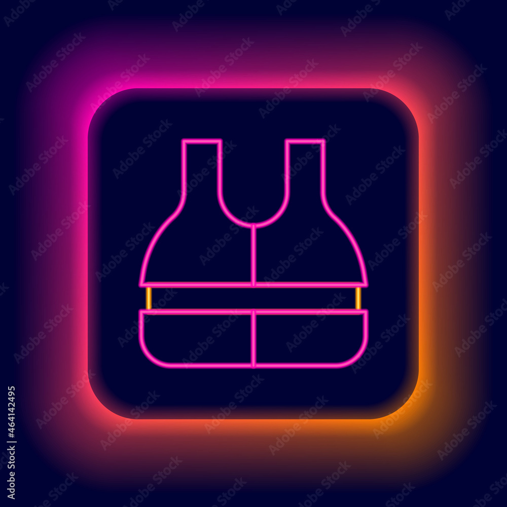 Glowing neon line Life jacket icon isolated on black background. Life vest icon. Extreme sport. Sport equipment. Colorful outline concept. Vector Glowing neon line Life jacket icon isolated on black background. Life vest icon. Extreme sport. Sport equipment. Colorful outline concept. Vector