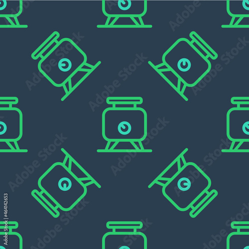 Line Metal tank with grape juice as alcoholic fermentation icon isolated seamless pattern on blue background. Vector