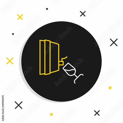 Line Wine tasting, degustation icon isolated on white background. Wooden barrel for wine with glass. Colorful outline concept. Vector