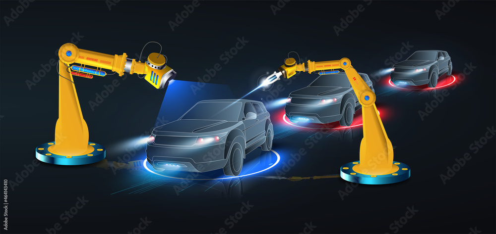 Robotic arm and robotic tool repairing a car in blue background.  Vehicle production process with innovative equipment. Industrial robotic welders will weld the car body on the assembly line. - obrazy, fototapety, plakaty 