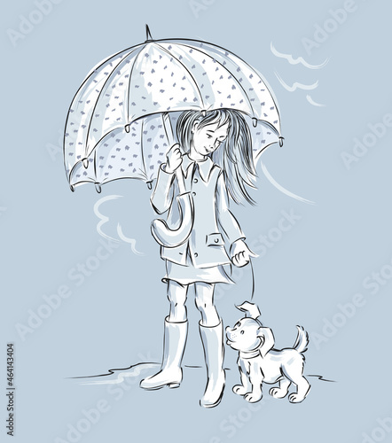 Sketch of little girl walking under umbrella with her favorite dog in bad weather. Black and white drawing on grey background. Vector cartoon illustration.