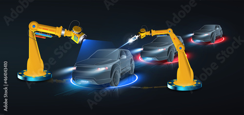 Robotic arm and robotic tool repairing a car in blue background.  Vehicle production process with innovative equipment. Industrial robotic welders will weld the car body on the assembly line.