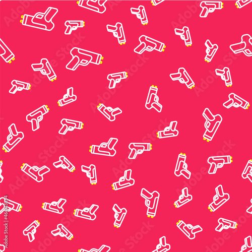 Line Police electric shocker icon isolated seamless pattern on red background. Shocker for protection. Taser is an electric weapon. Vector