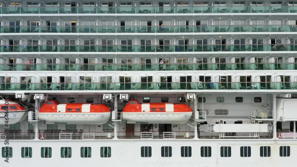 Aerial side view of cruise ship cabins and lifeboats Aerial side view of cruise ship cabins and lifeboats