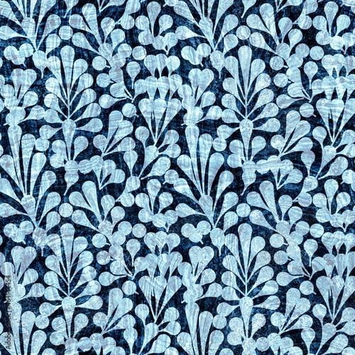 Seamless indigo block print texture on navy blue woven effect background. Japanese style washed denim batik resist pattern. Worn masculine cloth print swatch.